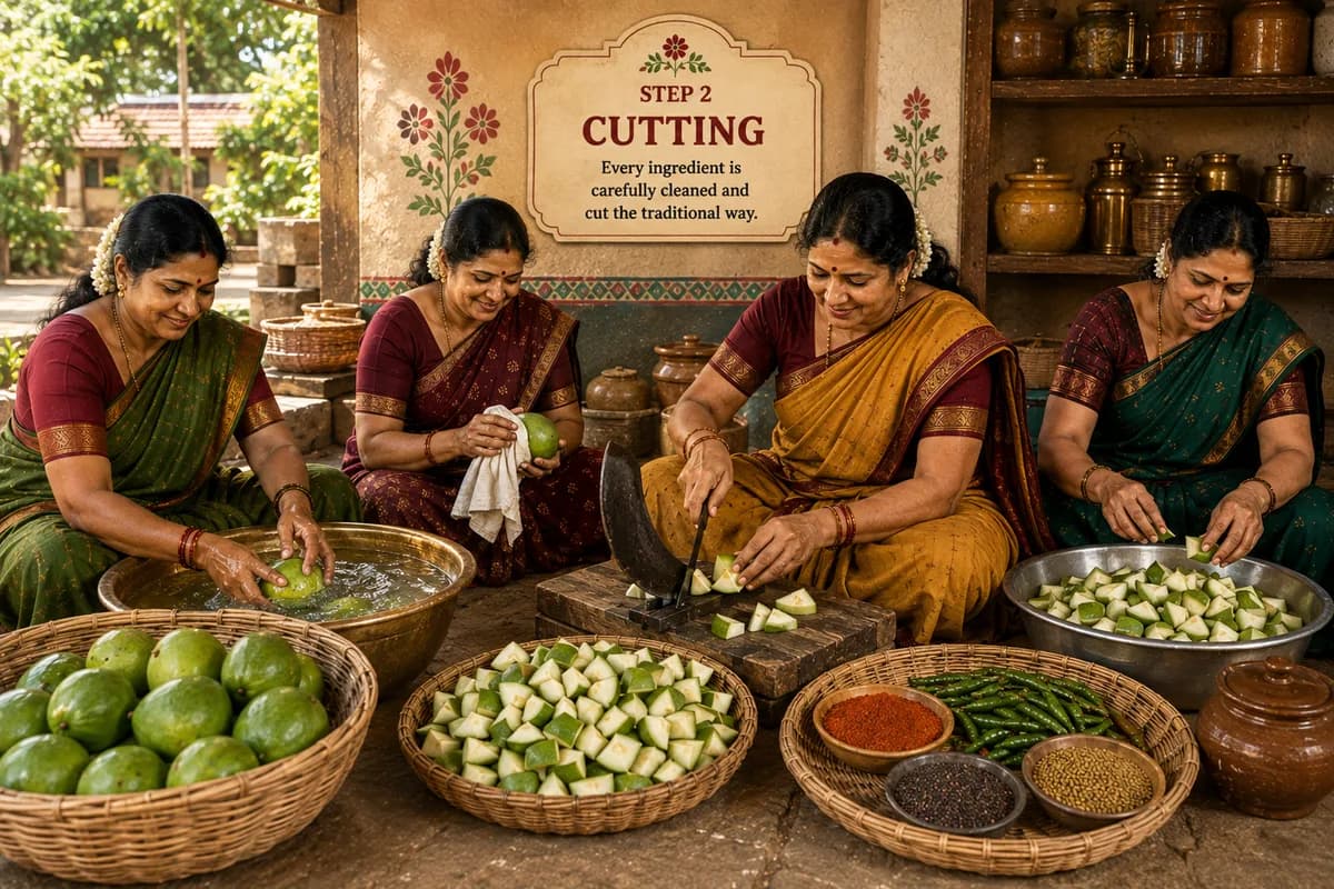 A woman cutting raw mango with a curved traditional blade on a low wooden stool